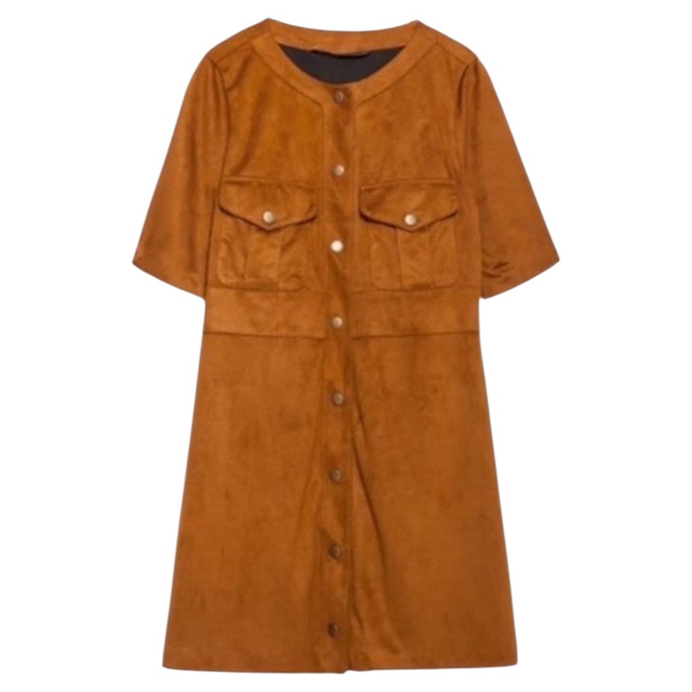 ZARA Faux Suede Utility Shirt Dress Sz Large Brown Button Front Short Sleeve 70s